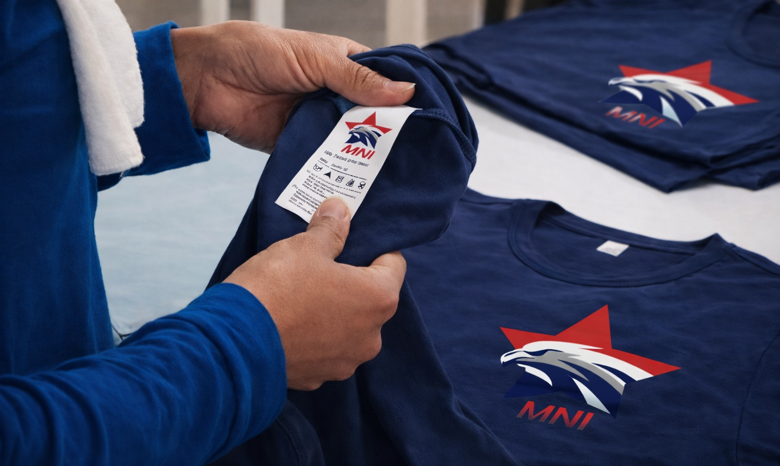 Person holding a navy blue t-shirt showing the MNI logo on the label, with two other folded MNI t-shirts in the background