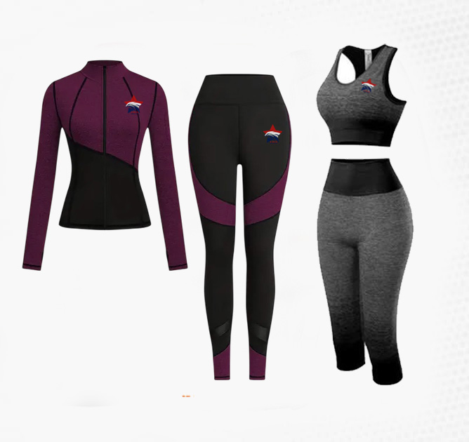 Ladies fitness wear in black and gray with logo